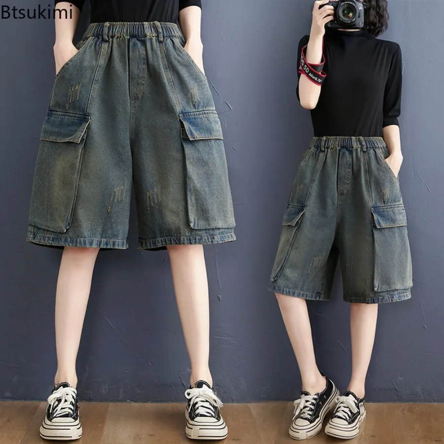 

Korean Style High Waisted Wide Leg Jeans Women's Summer New Loose Casual Straight Shorts Retro Distressed Blue Five Quarter Pant