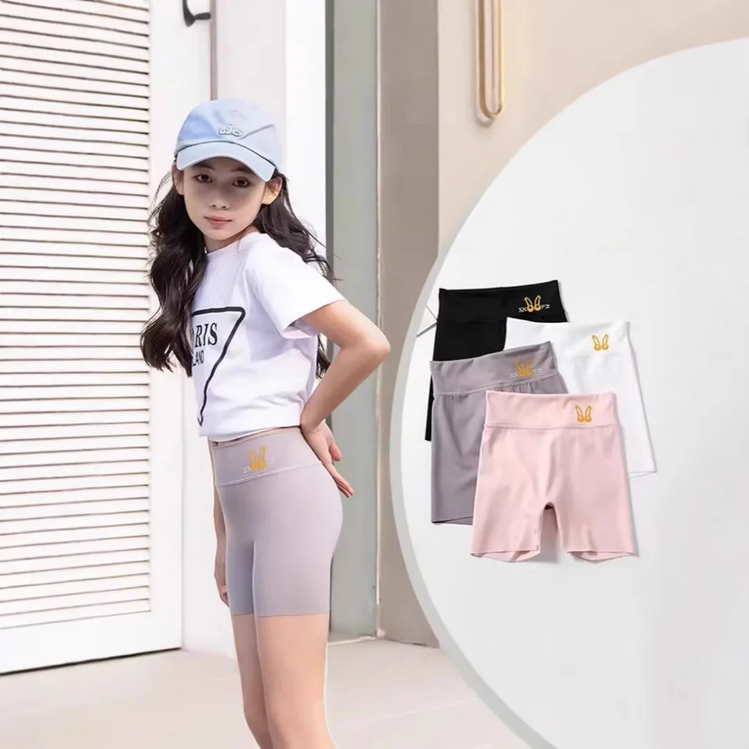 Summer Kids Ice Silk Seamless Shorts Solid 3-Point Kids Girl Shark Shorts Design High Elastic Yoga Safety Pants for Children