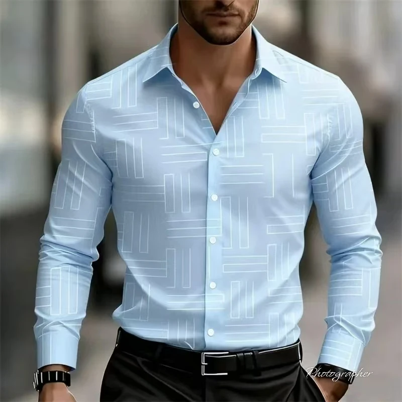 Men's Casual Striped Geometric Pattern, Men's Long Sleeved Shirt, Comfortable Collar Design, Lightweight and Breathable