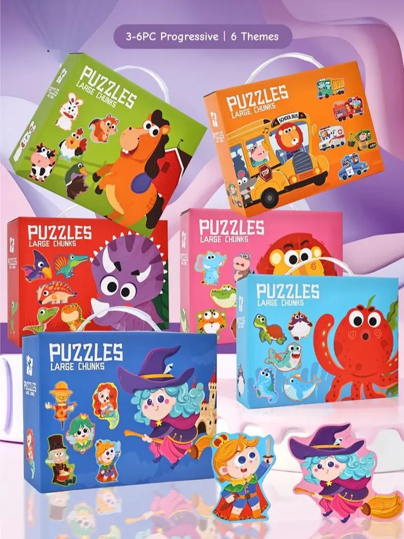 Grande boîte-cadeau de puzzles six-en-un, jouets éducatifs pour l'éveil des enfants, puzzles de difficulté débutant et avancée, activités et jeux interactifs amusants avec plusieurs thèmes tels que