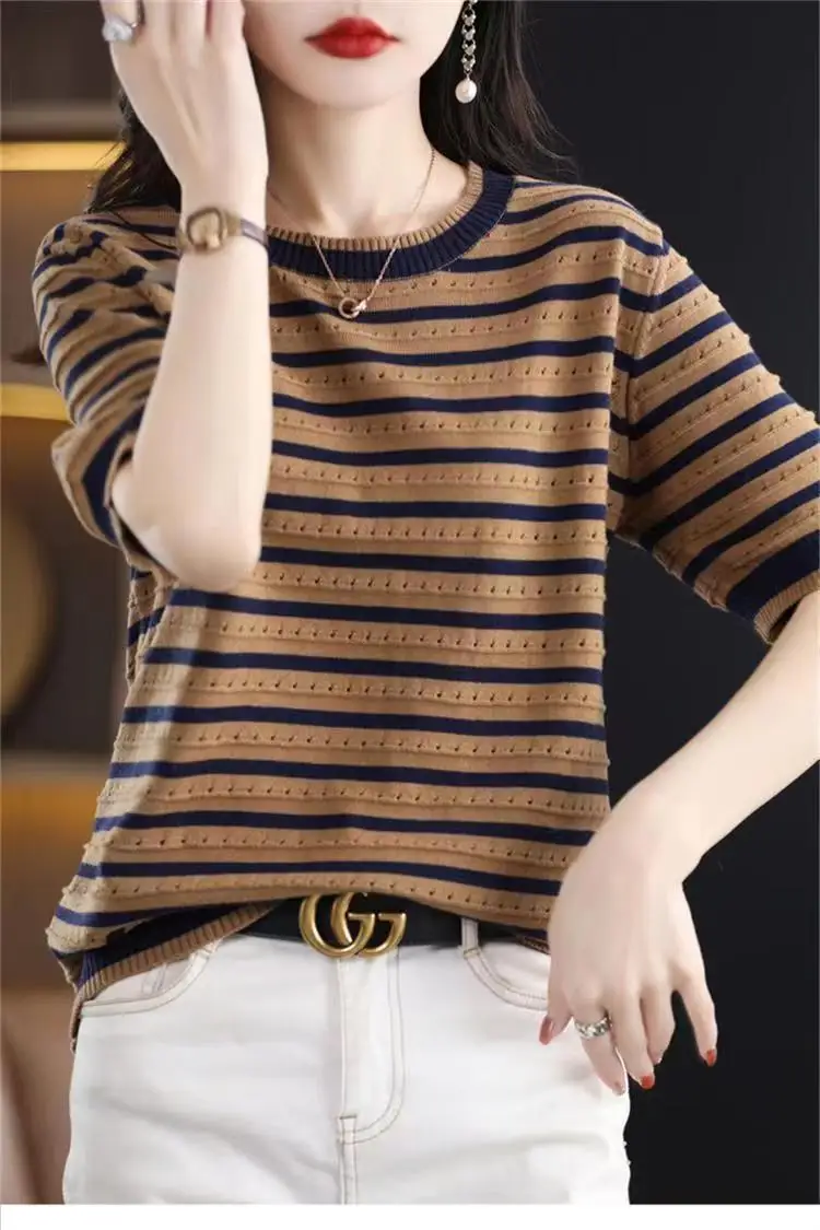 New spring and summer striped women\'s T-shirt short sleeve round neck hollow loose slimming sweater