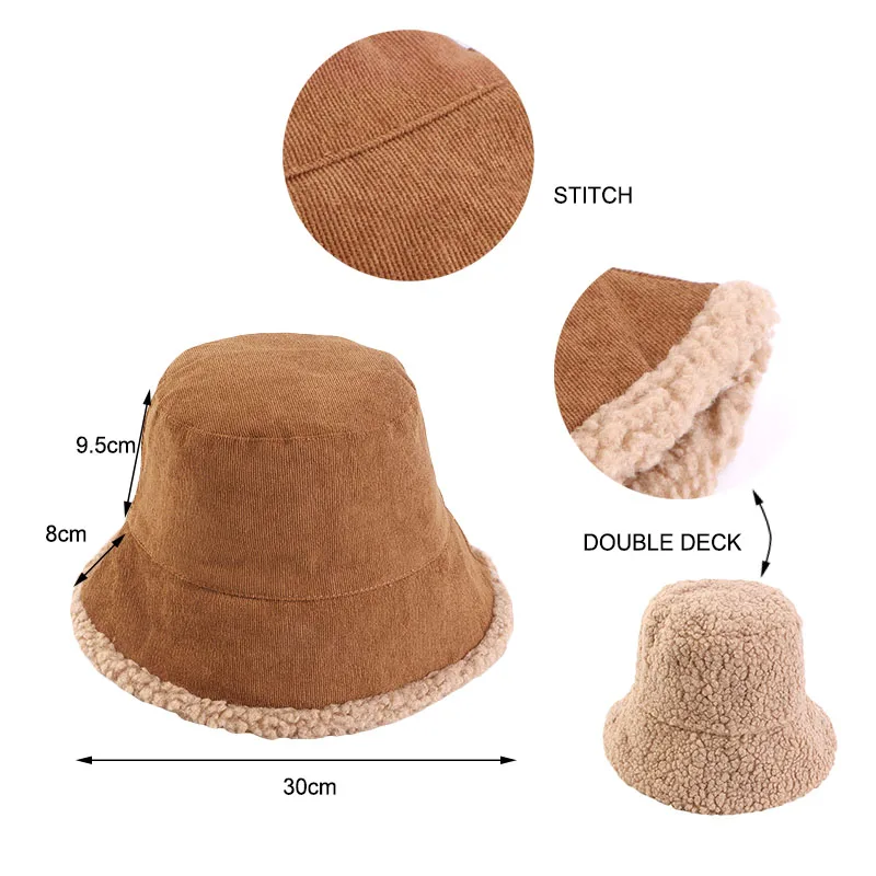 Unisex Corduroy Bucket Hat Fisherman Hat Autumn Winter Wool Outdoor Warm Cap Double Sided Wearing For Women Men