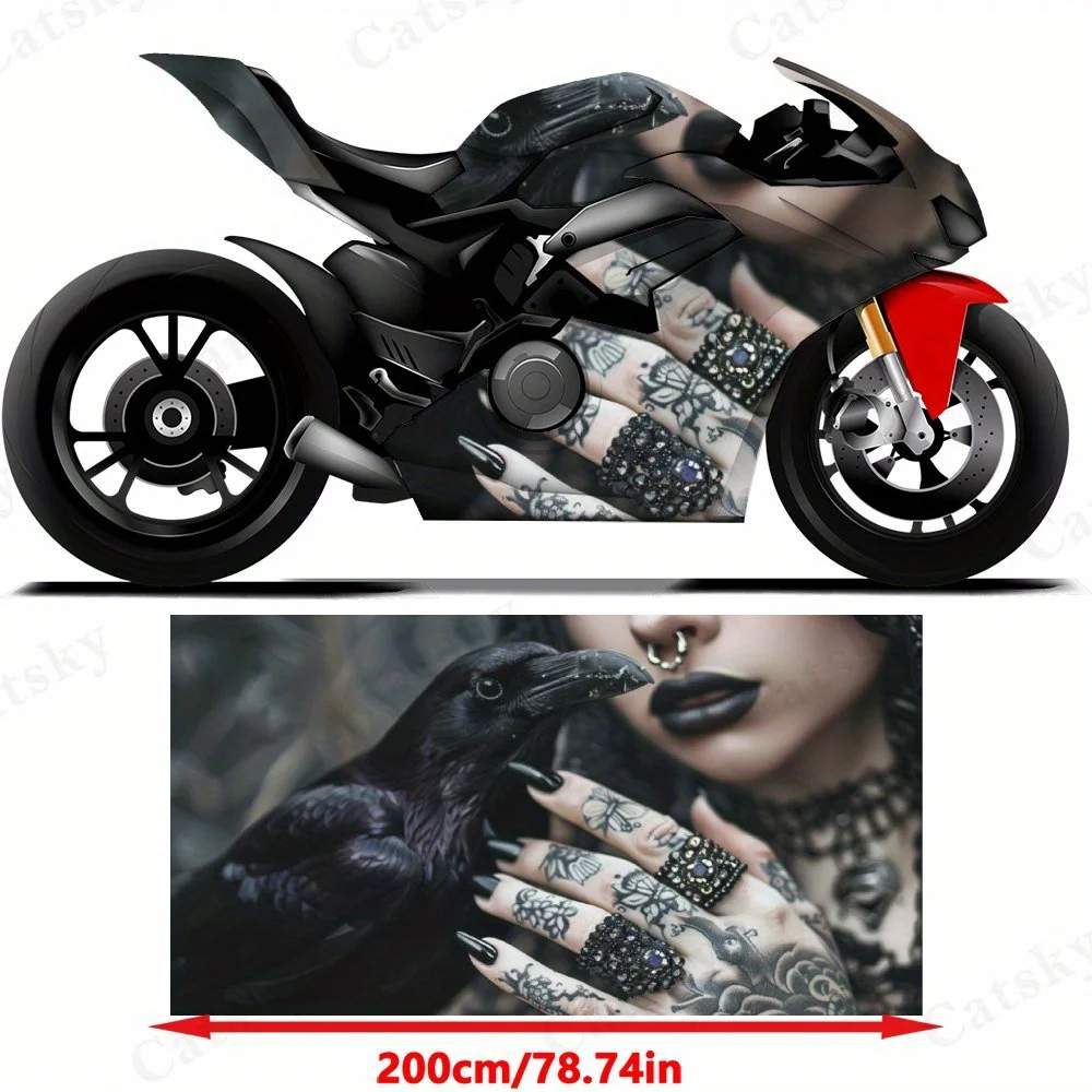 Gothic Hand and Raven Motorcycle Film Stickers, Durable PVC Adhesive Decals for Motorcycle Customization, Weather-Resistant Prot