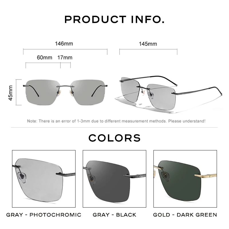 CAPONI Pure Titanium Photochromic Sunglasses Rimless Polarized Driving Men\'s Sun Glasses Ultra Light UV400 Brand Shades BS28923