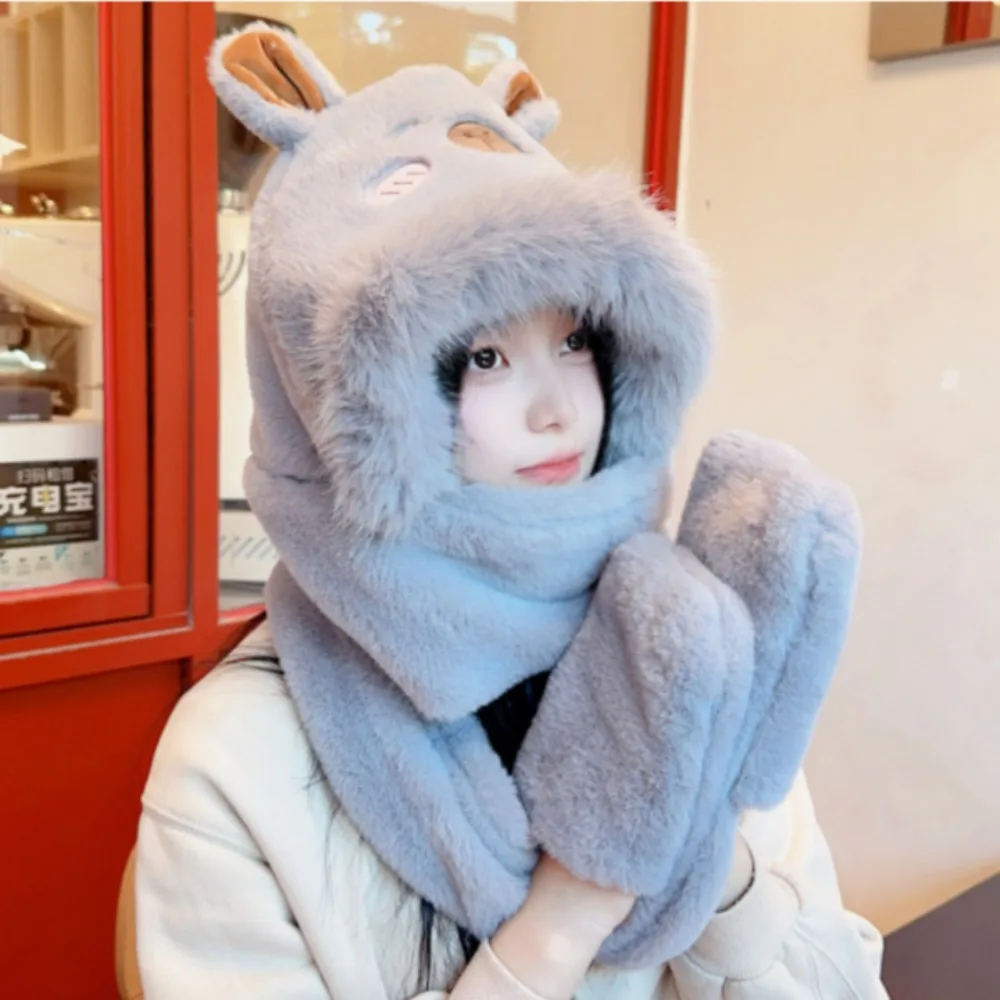 Faux Rabbit Hair Capybara Hat Scarf Gloves Set Korean Style Cartoon Plush Hooded Scarf Warmer Soft Big Pullover Hat Girls