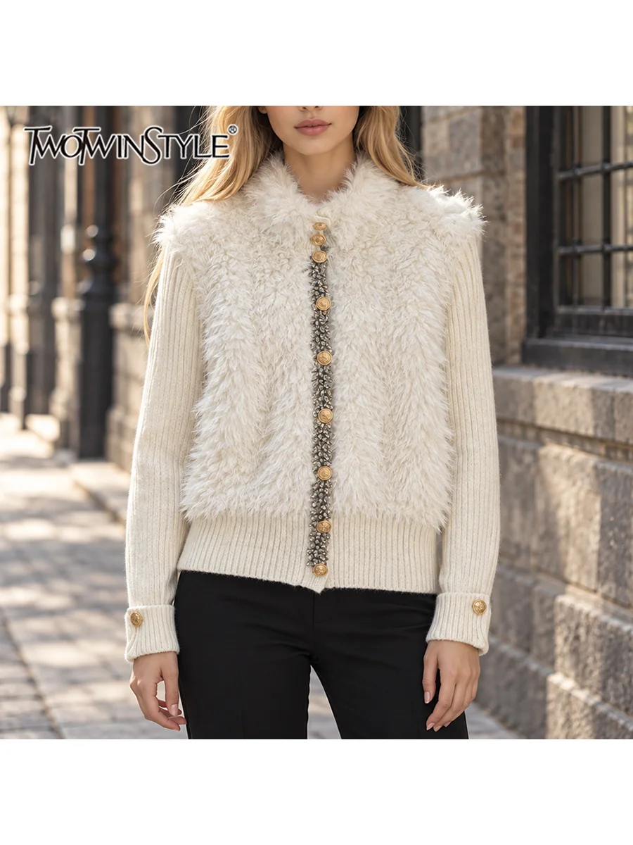 TWOTWINSTYLE Fluffy Spliced Knit Slim Jacket for Women Stand Collar Long Sleeve Patchwork Single Breasted Diamond Coat Female