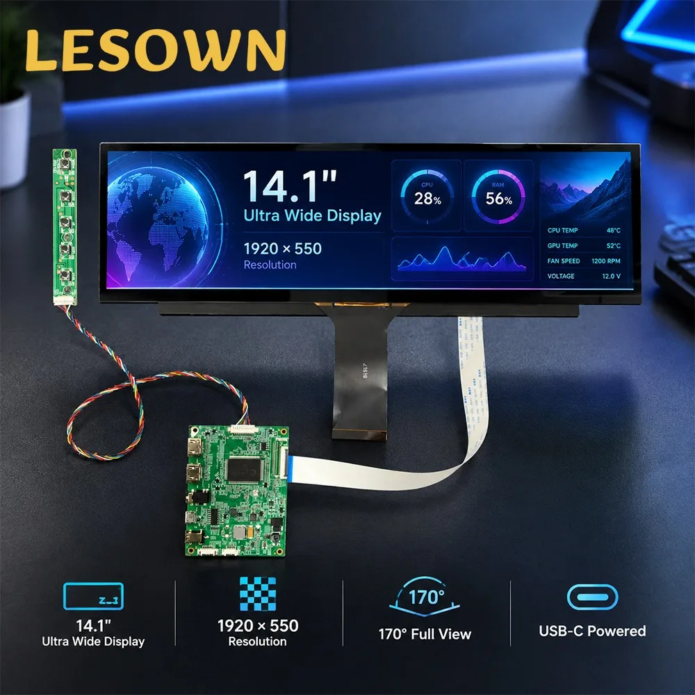 LESOWN 14.1 Inch 1920x550 IPS Bar Screen Setup Plug and Play Mini HDTV Type-C 5V Sub Monitor Module for Secondary PC Display