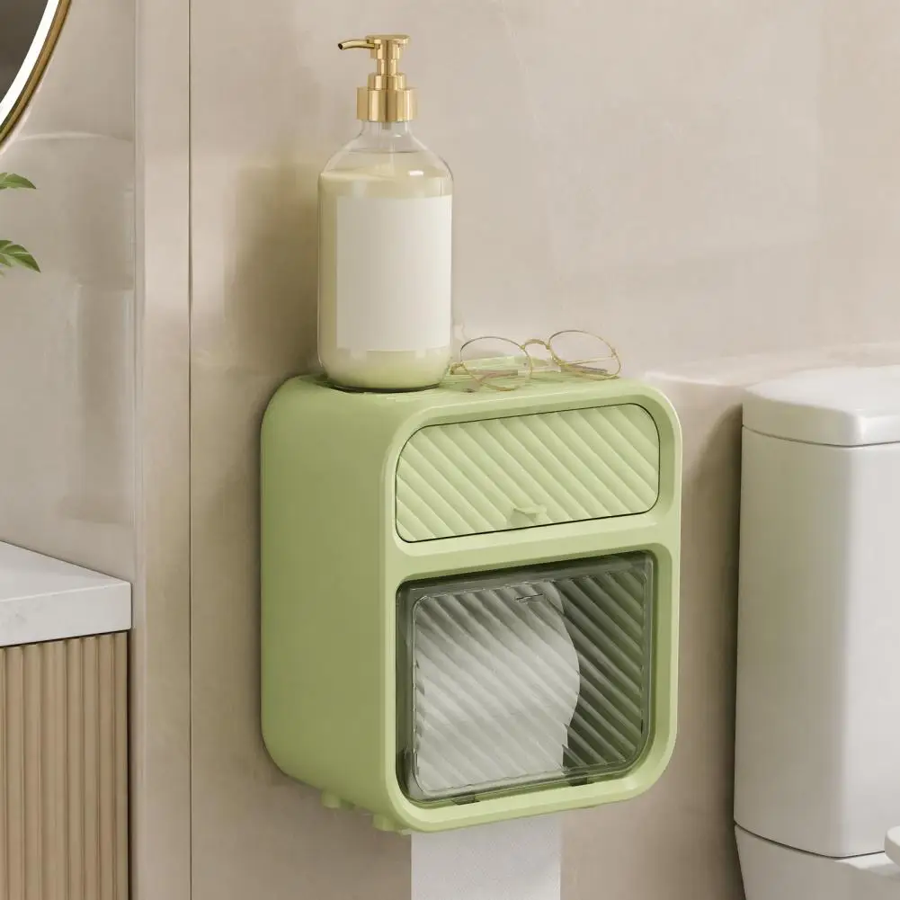 Bathroom Tissue Box with Storage Shelf, Wall Mounted Waterproof Toilet Paper Holder, Punch Free Plastic Organizer for Roll Paper
