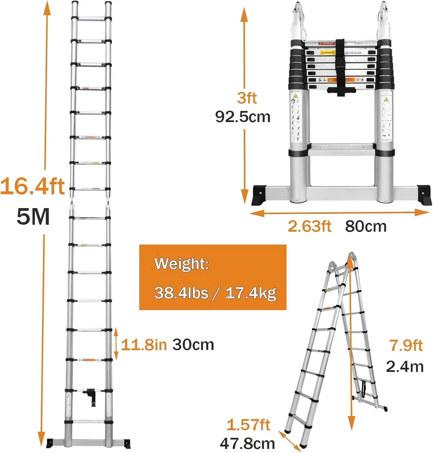 Telescoping Extension Ladder 330lbs Max Capacity A-Frame Lightweight Portable Multi-Purpose Folding with Support Bar Anti-Slip E