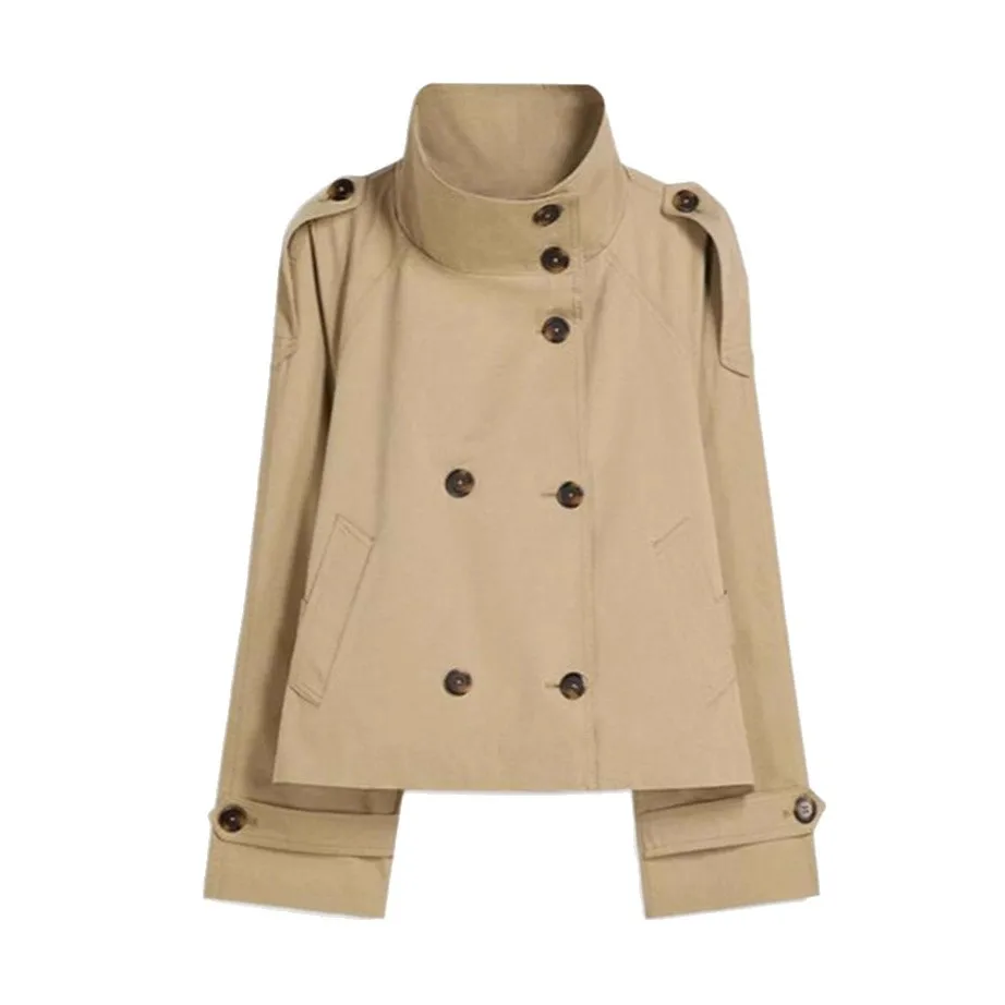 New Women's Solid Color Trench Coat Stand Collar Double Breasted Waist Tie Elegant Commuter Casual Loose Comfortable Warm Outfit