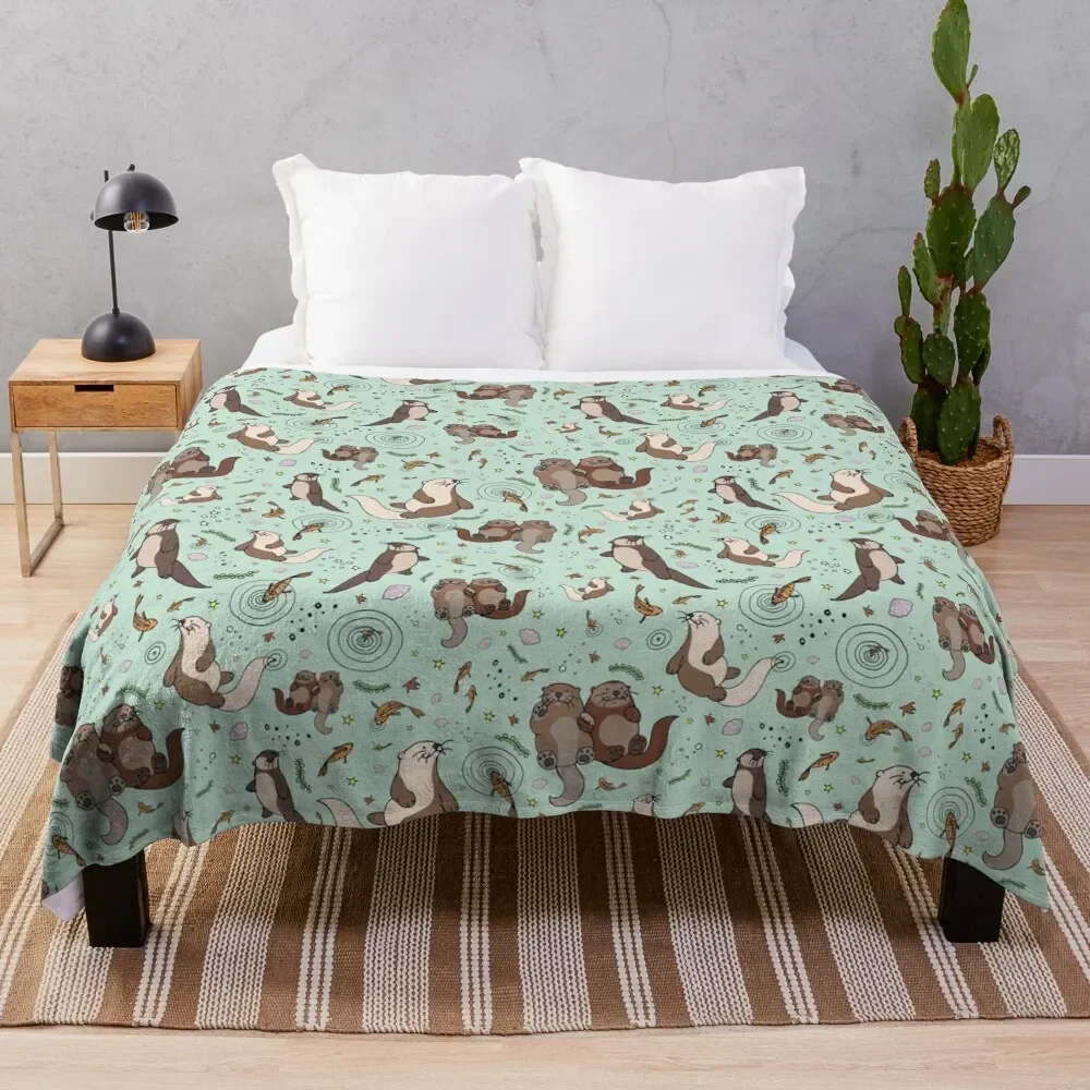 Otters in Blue Throw Blanket Warm Soft Flannels Bed covers Blankets