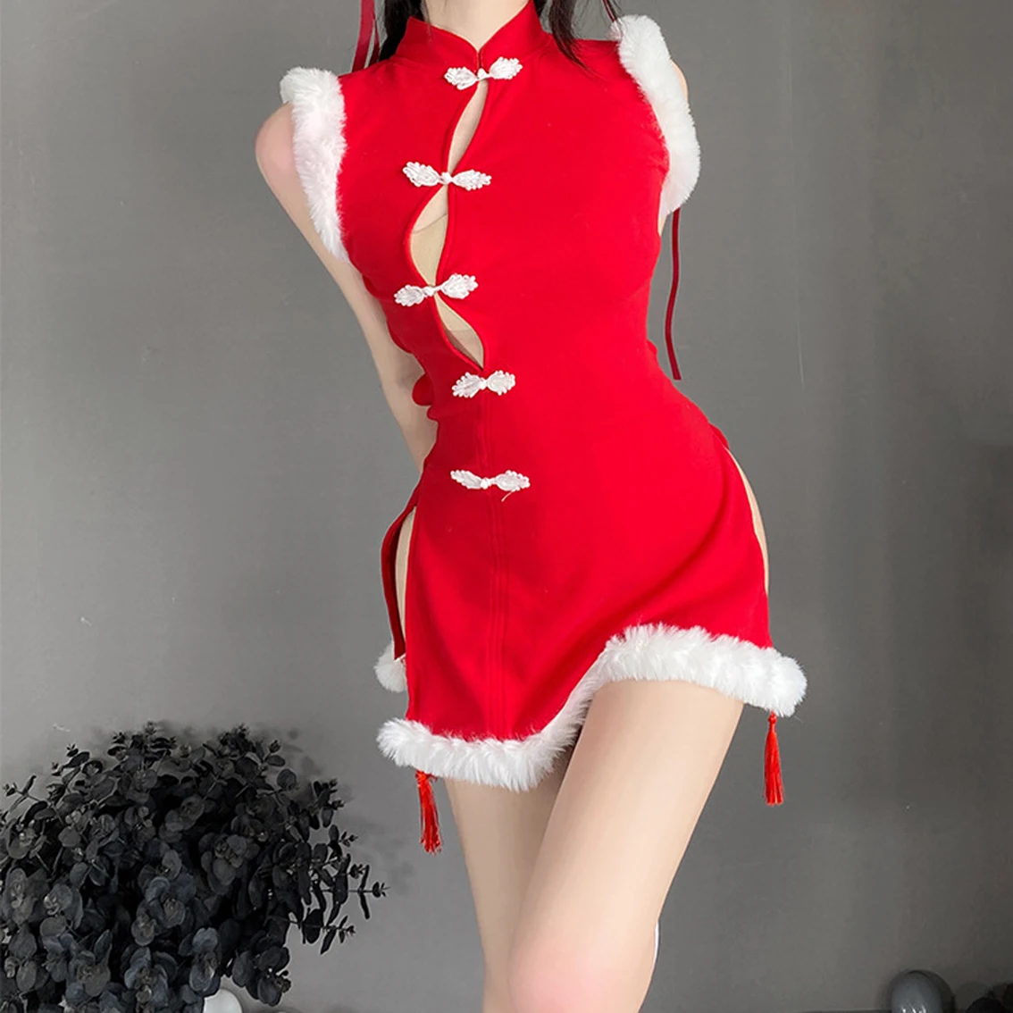 2022 Women Santa Claus Cosplay Sexy Lingerie Winter Warm Sleeveless Fancy Dress Christmas Xmas Halloween Party Costume