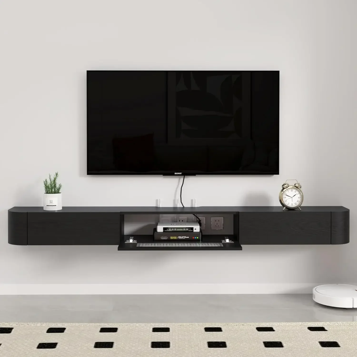 home.Floating TV Stand, 63'' Solid Wood Wall Mounted TV Cabinet, Floating Shelves with Glass Door & Drawers, Mid-