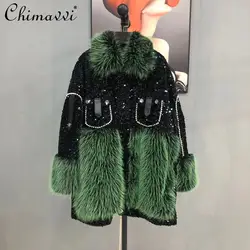 Fashion Mid-Length Warm Faux Fur Coat 2022 Winter Women's Clothing New High-End Loose Toka Green Long-Sleeved Splicing Jacket