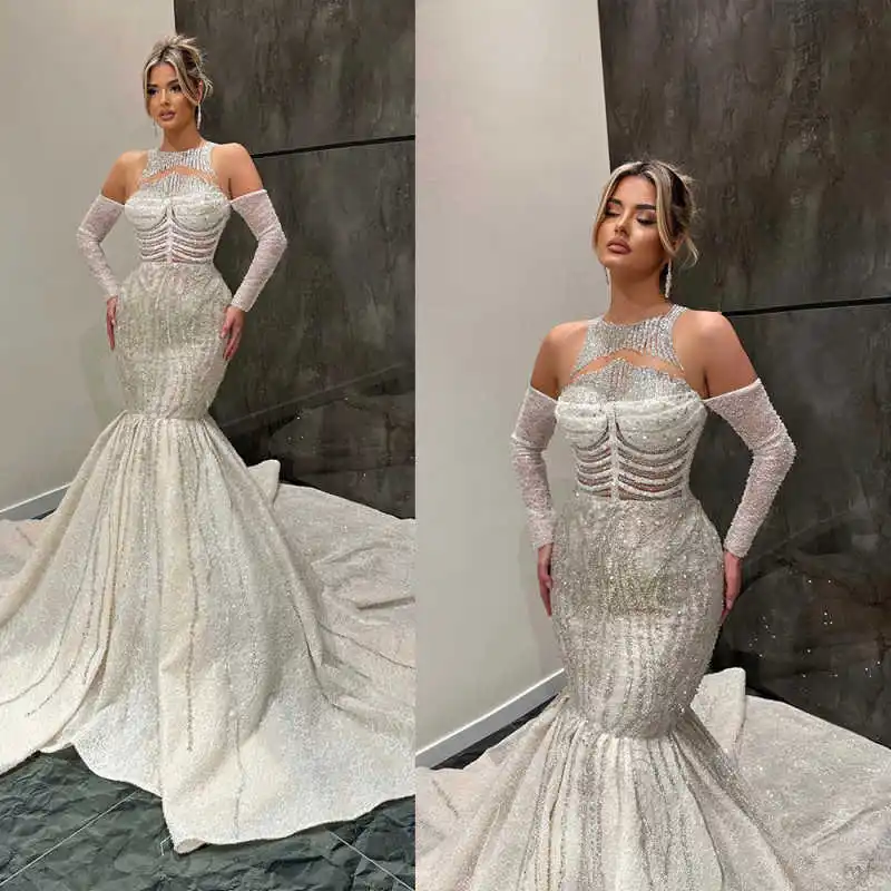 

Luxurious Mermaid Wedding Dresses Long Sleeves Lace Beaded Crystal Sequin Bridal Gowns Sweep Train Robe De Mariee