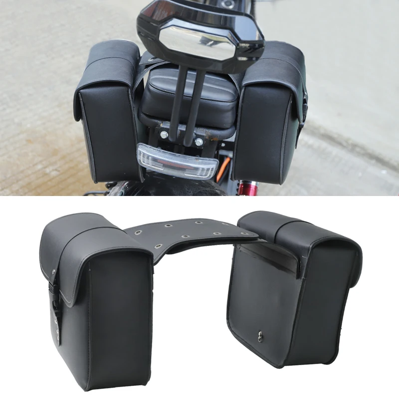 2 Pcs Motocross Saddle Bag Side Storage Luggage Organizer Kit PU Leather Bag Luggage Black Waterproof For Honda/Yamaha/Suzuki