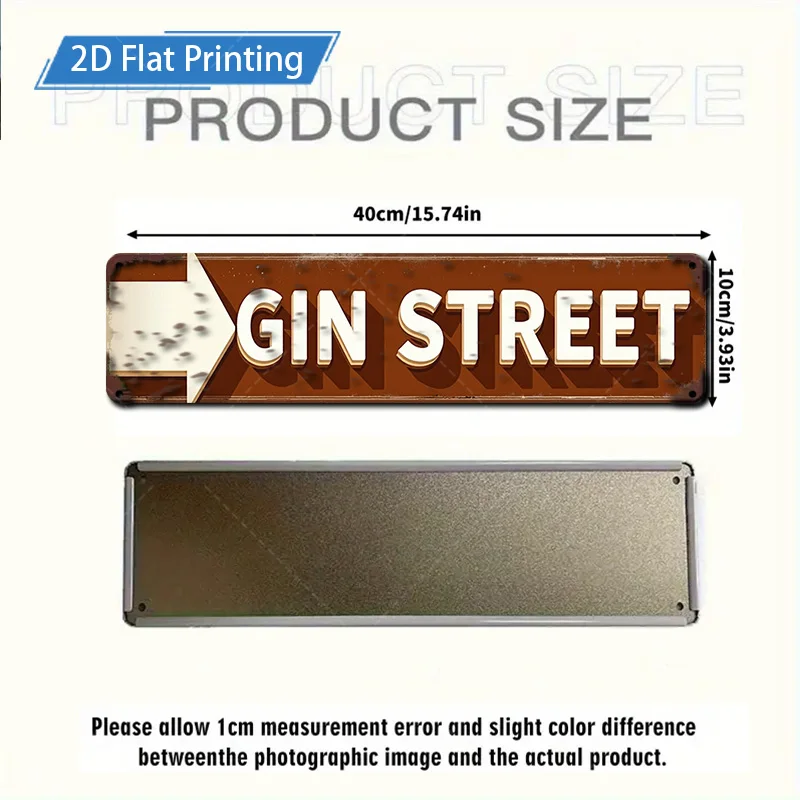 [2D FLAT] 1pc Metal Sign, 4×16inch Rustic Gin Street Sign 2D Flat Print Metal Art Decor