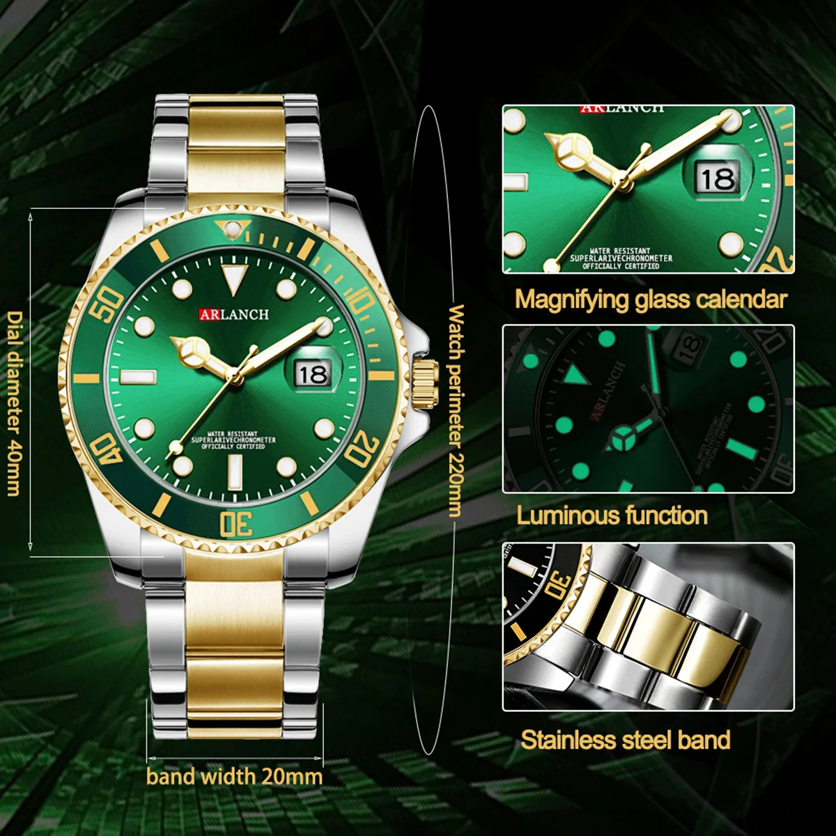 ساعة كوارتز رجالية كلاسيكية بحزام من الفولاذ المقاوم للصدأ نمط عمل غير رسمي 40 ملم قرص ذهبي أسود 3Bar سلسلة مقاومة للماء ساعات reloj