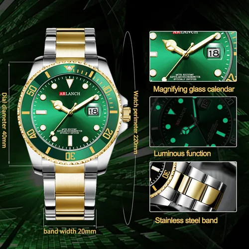 Imagen 2 del producto Reloj de cuarzo para hombre, correa clásica de acero inoxidable, estilo informal de negocios, esfera negra dorada de 40mm, relojes de serie impermeables 3Bar