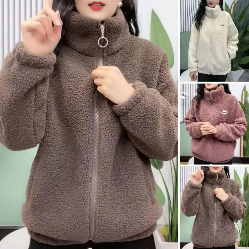 Casaco Sherpa Quente feminino, cor sólida, gola alta, ajuste solto, fechamento com zíper, bolsos duplos, moda elegante de inverno, aconchegante