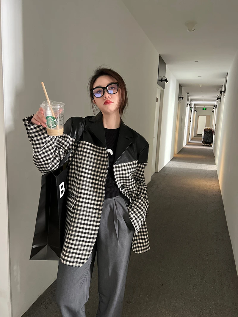 

Повседневный шерстяной костюм в клетку Jaet, женский свободный костюм из искусственной кожи в стиле пэчворк, высококачественный длинный свек на одной пуговице