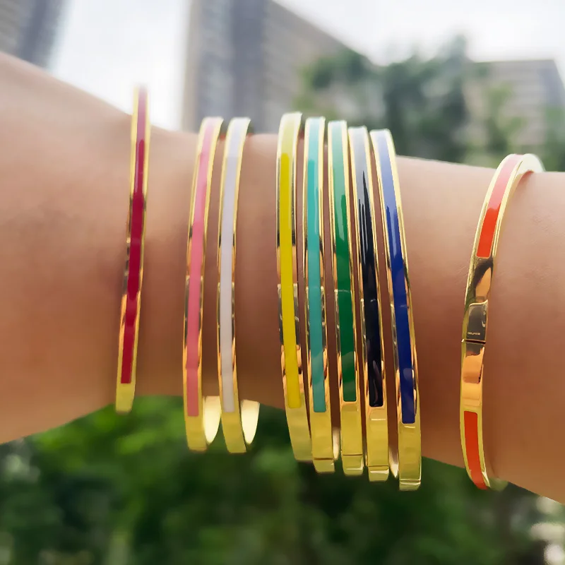 3mm Thin Colorful Orange Enamel Bangles Bracelets for Women Party Fashion Bangles 361L Stainless Steel Jewelry 7 Color
