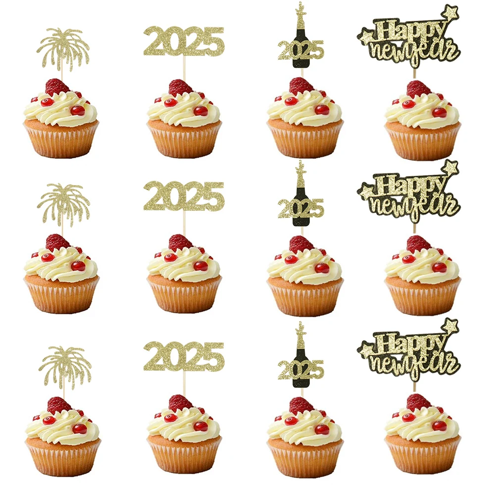 12/24pcs 2025 Happy New Year Cake Topper Glitter Gold New Year Cake Decoration New Year\'s Eve New Year Family Party Cake Decor