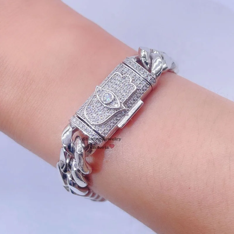 8mm custom hamsa lock vvs moissanite diamond hip hop men silver cuban bracelet