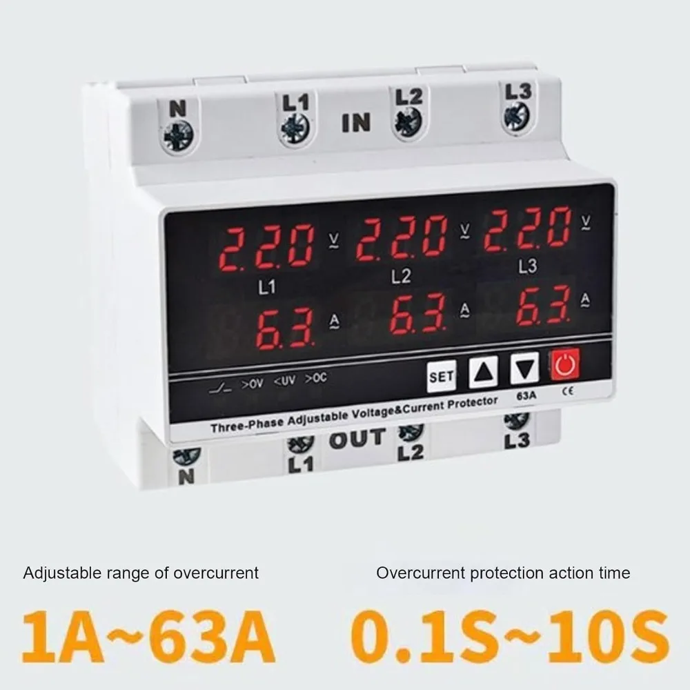 PC Under Voltage Protector Adjustable Setting 63A Rating Voltage Monitoring Relay 3P4W Configuration AC120V-300V 3 Phase Relay