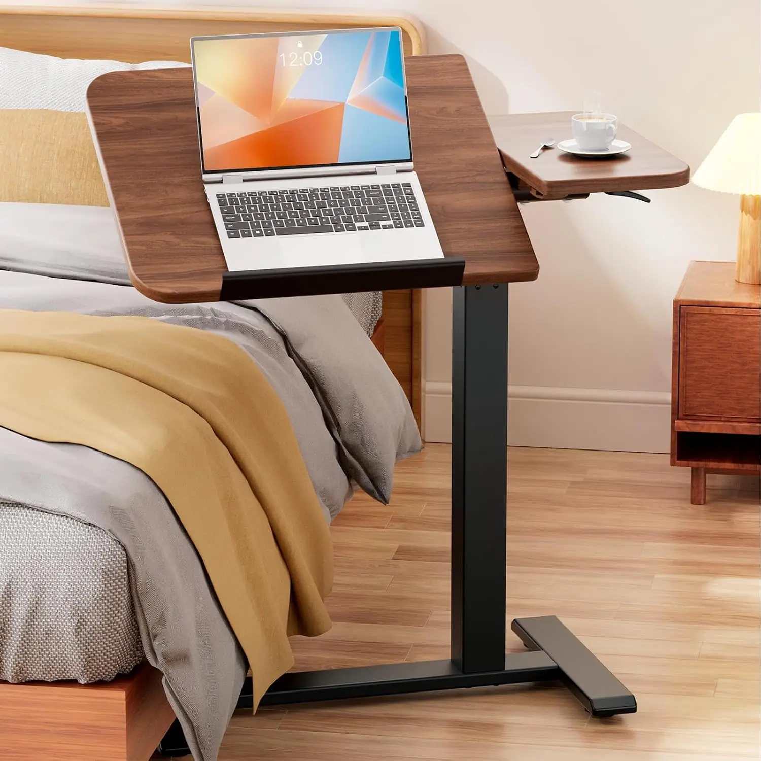 Overbed Bedside Table With Wheels Tiltable Pneumatic Adjustable Rolling Laptop Desk Mobile Standing