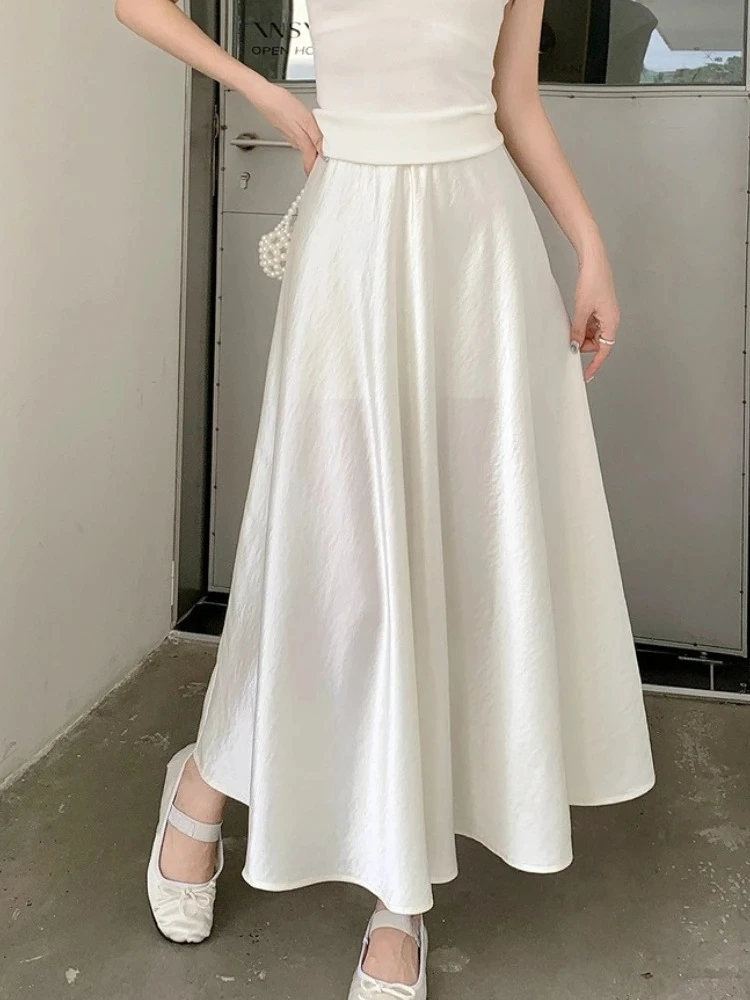 Summer Satin Long Skirt for Women Elegant A-line High Waist Skirts for Women Black Korean Style Fashion Temperament 2026