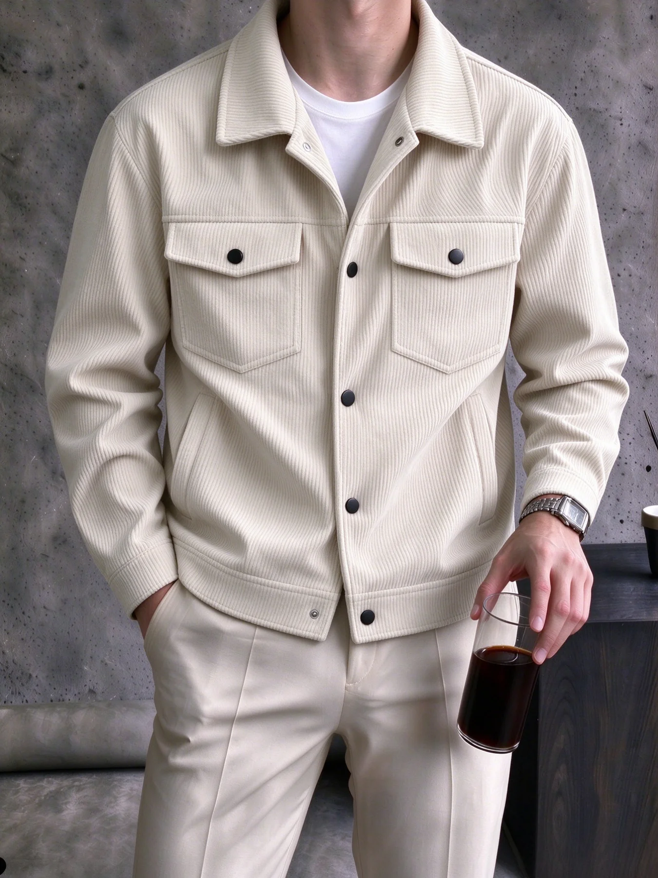 Men's Lapel Button Jacket, Solid Vertical Texture Casual Trucker Coat, Long Sleeve Chest Pocket Outerwear For Daily Wear