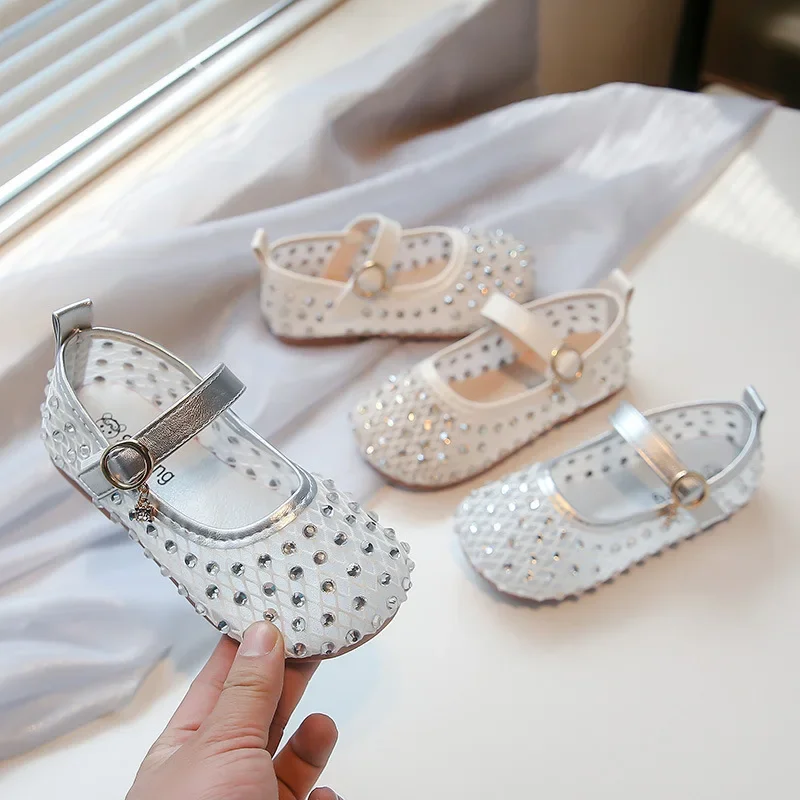 

Girls Flat Shoes Round Toes Kids Princess Shoes Shiny Crystal Elegant 2025 Summer New Kids Mesh Shoes Breathable Non-slip Soft