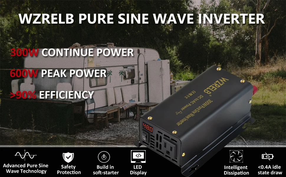WZRELB 300 W reiner Sinus-Auto-Wechselrichter, netzunabhängig, 12 V/24 V/36 V/48 V DC auf 110 V, 220 V AC, 50/60 Hz – Detail 1