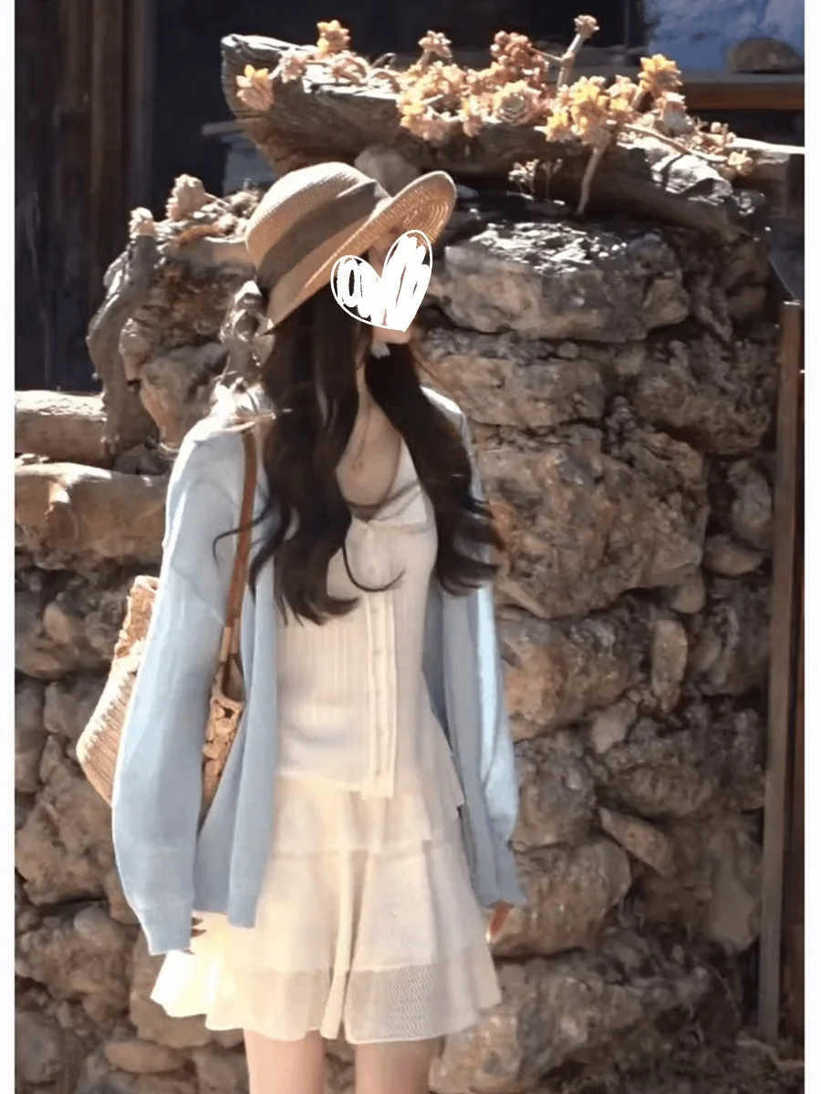 

Spring Summer Women's Knitted Sleeveless Vest Sun Protection Cardigan Top Short Skirt Three-piece Set Fashionable Casual Wear