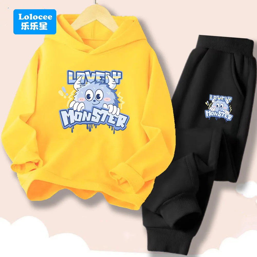 Primavera otoño lindo estampado de monstruo niños 2 uds Casual Sudadera con capucha + Pantalones chándales 3-14 años trajes de dibujos animados para niños ropa para niños GSLS1