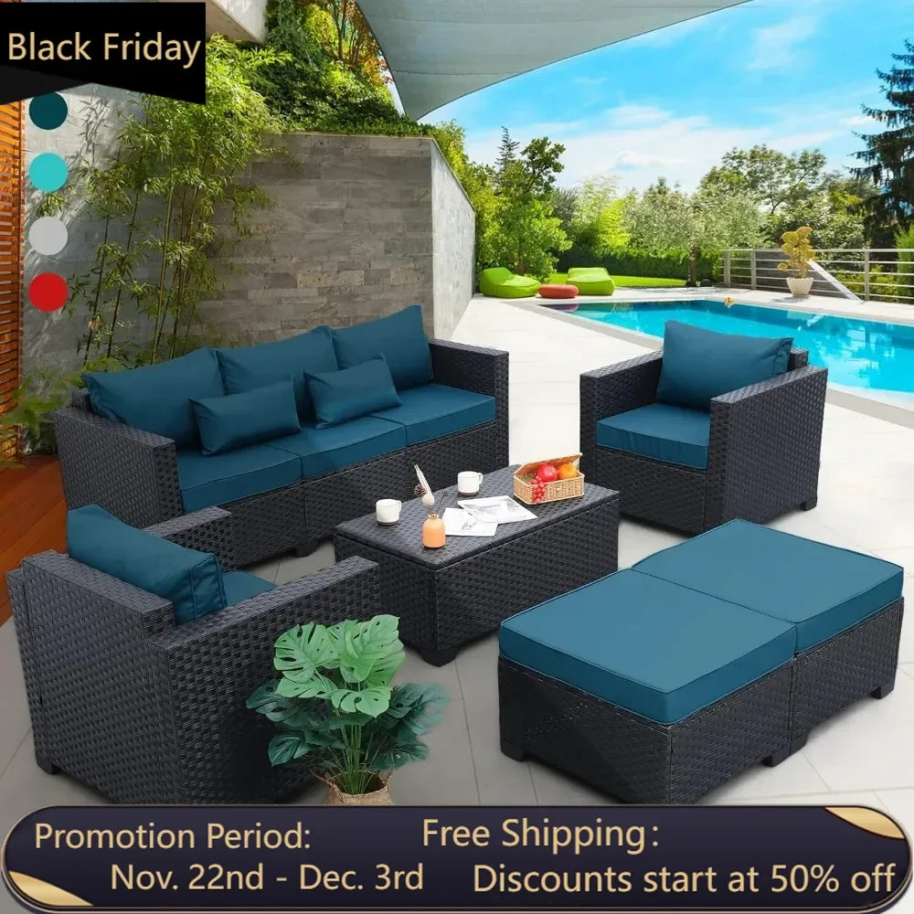 Terrace furniture set 6-piece sofa outdoor chair coffee table peacock blue anti slip cushion and waterproof cover