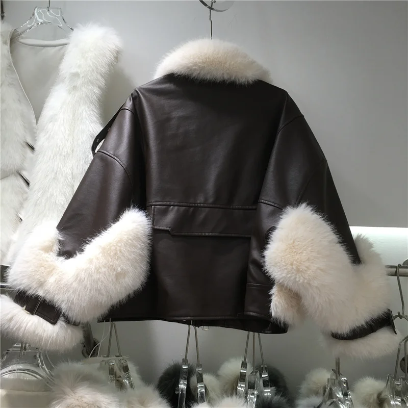 fashion 2023 winter office new lady imitation fox fur coat female short big pocket rivets faux fur jacket chic women\'s clothing