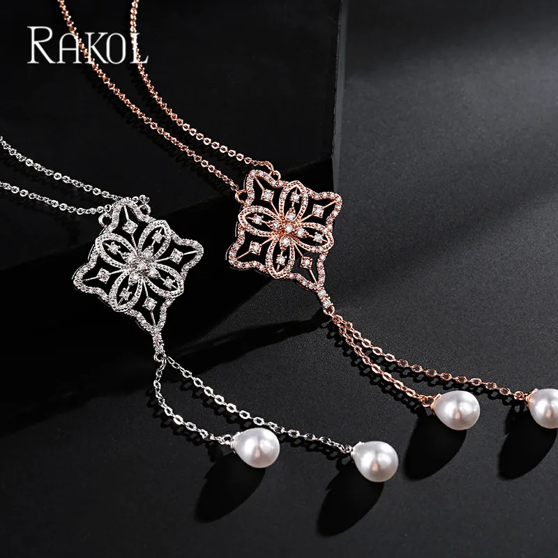 RAKOL Luxury Irregular Butterfly Cubic Zircon Necklace Temperament Imitation Pearl Pendant Sweater Chain Jewelry