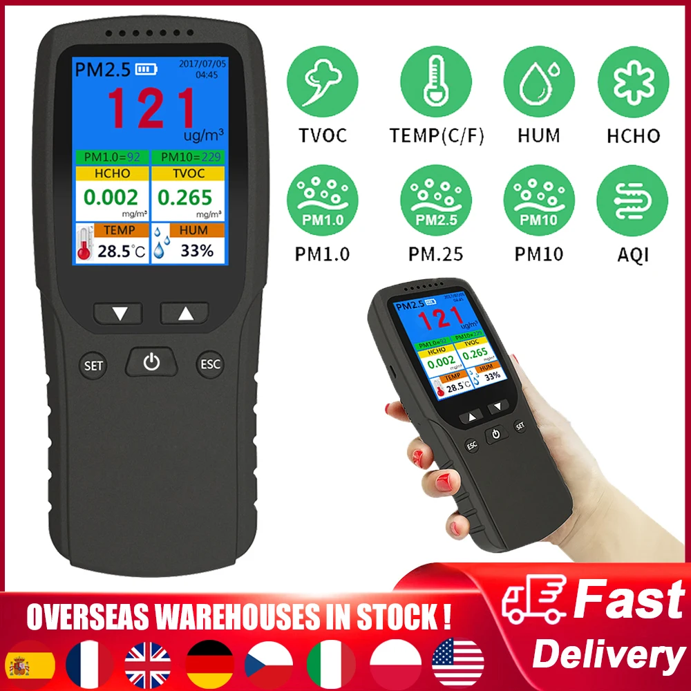 كاشف جودة الهواء الرقمي ، HCHO ، TVOC ، PM2.5 ، PM10 ، PM1.0 ، AQI ، درجة الحرارة ، اختبار الرطوبة ، محلل ، مراقبة تلوث الهواء ، 8in 1