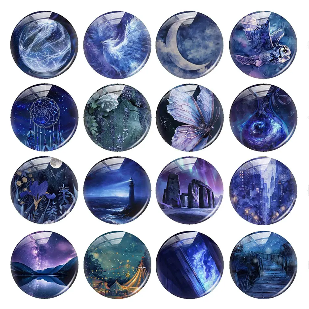 Random Mixed Round/Oval/Square Indigo Starry Moon Magic Witch Photo Glass Cabochon Flatback Demo Cameo For Diy Jewelry Making