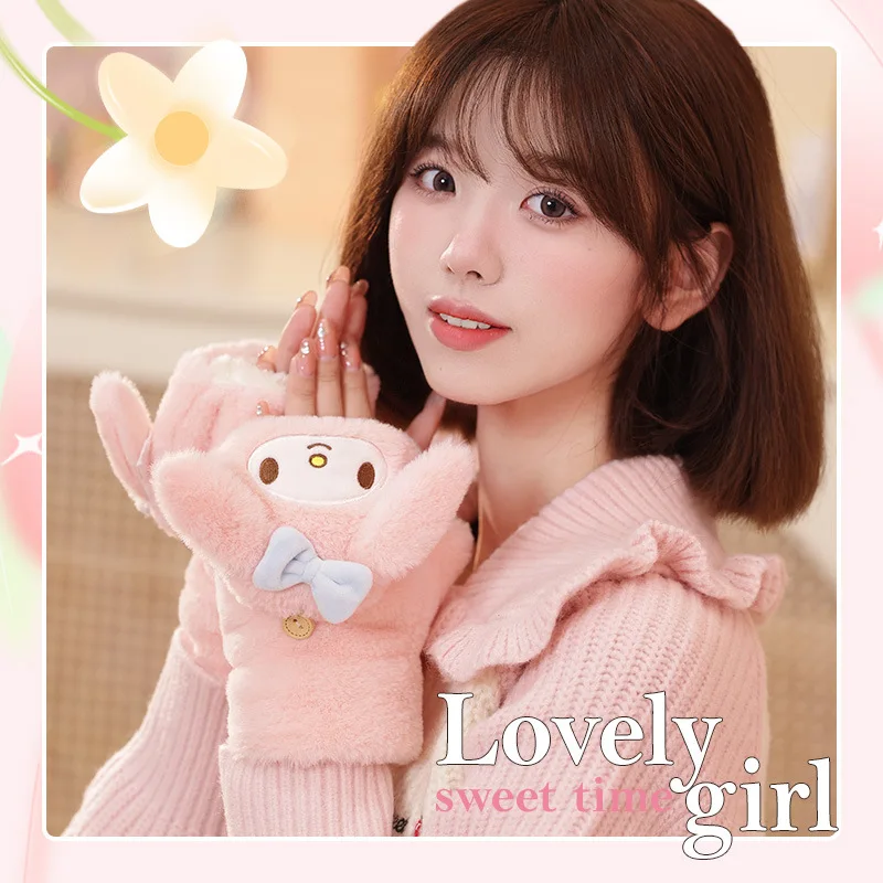 New Sanrio Gloves For Girls In Winter Cute Girl Student Flip Open Finger Writing Plush Kuromi Melody Warm Thick Glove Gift