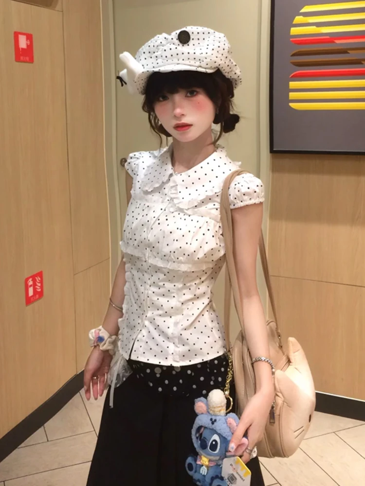 

Korean Sle Polka Dot ort Sve Lace Bell Sve irt Women's Summer Slimming School orm Sle Top Doll Collar