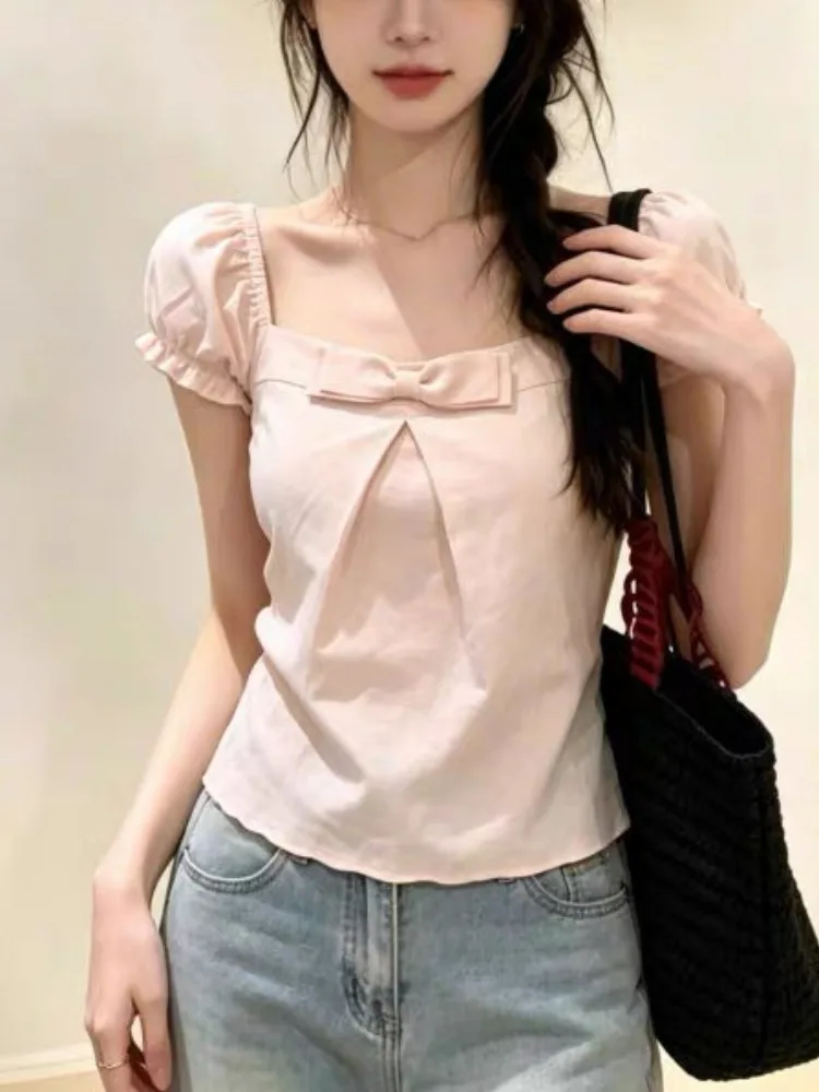 Sweet Style Knot Square Collar Short Sleeve Loose Slimming Bubble Sleeve Shirt Women's Summer New Fashion Top 4