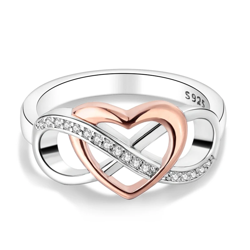 Beautiful 925 Sterling Silver Infinite & Hollow Heart Coupled Double Pattern Ring For Women\'s Exquisite Jewelry