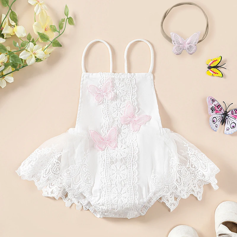 

Summer Newborn Infant Baby Girls Romper Princess Cute Sleeveless Tulle Patchwork Butterfly Playsuit Jumpsuit with Hairband