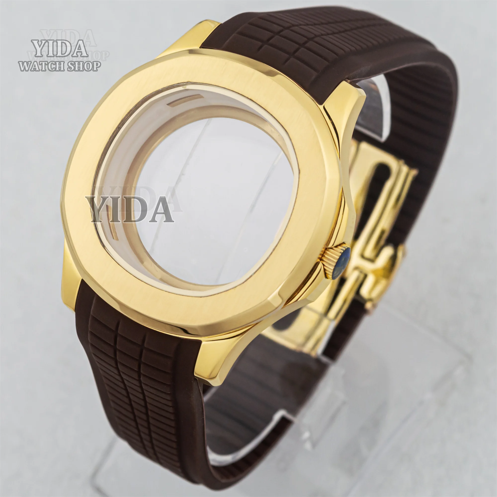 

42 мм золотой корпус для часов, резиновый браслет, сапфировое стекло, 10 АТМ, водонепроницаемые детали модов для AQUANAUT Nautilus NH35 NH36, корпус механизма