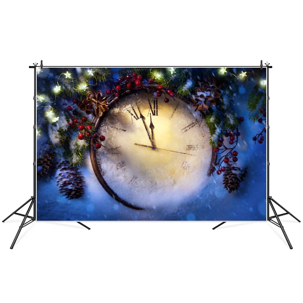 Fondos fotográficos personalizados de Navidad, Año Nuevo, reloj de nieve, conos de pino Acebo, decoración del hogar, estudio, fotomatón