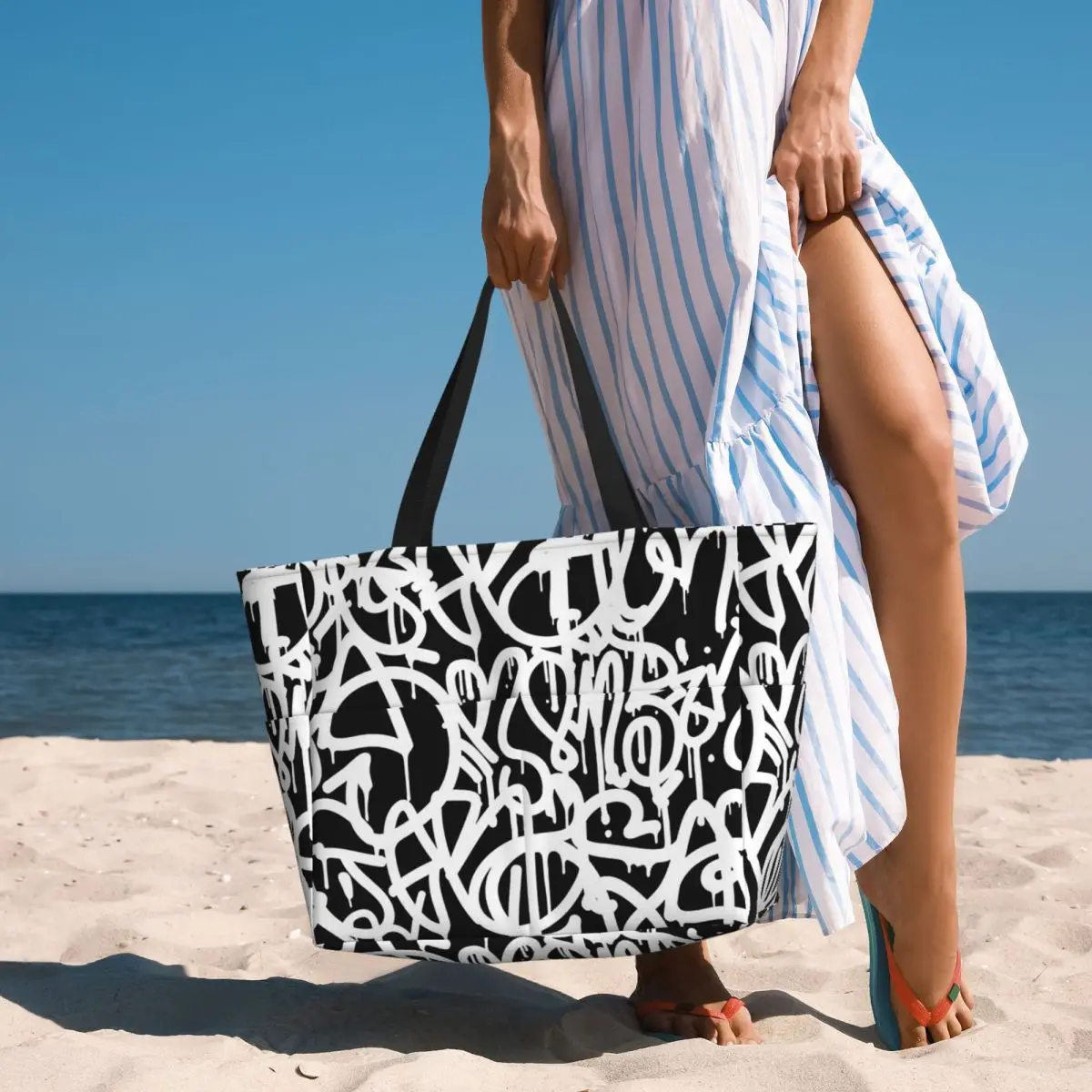 Black And White Graffiti Beach Tote Bag Sport Gym Yoga Duffle Large Tote Bag Women Travel Bag Fitness bag