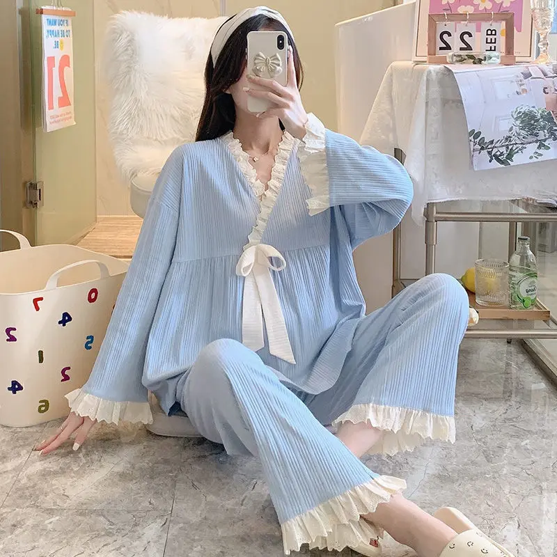 Pajama Sets Women Sweet Girls Long Sleeve Lacework V-neck Pajamas Spring Fall Loose Cozy Kawaii Princess Retro Bowknot Female